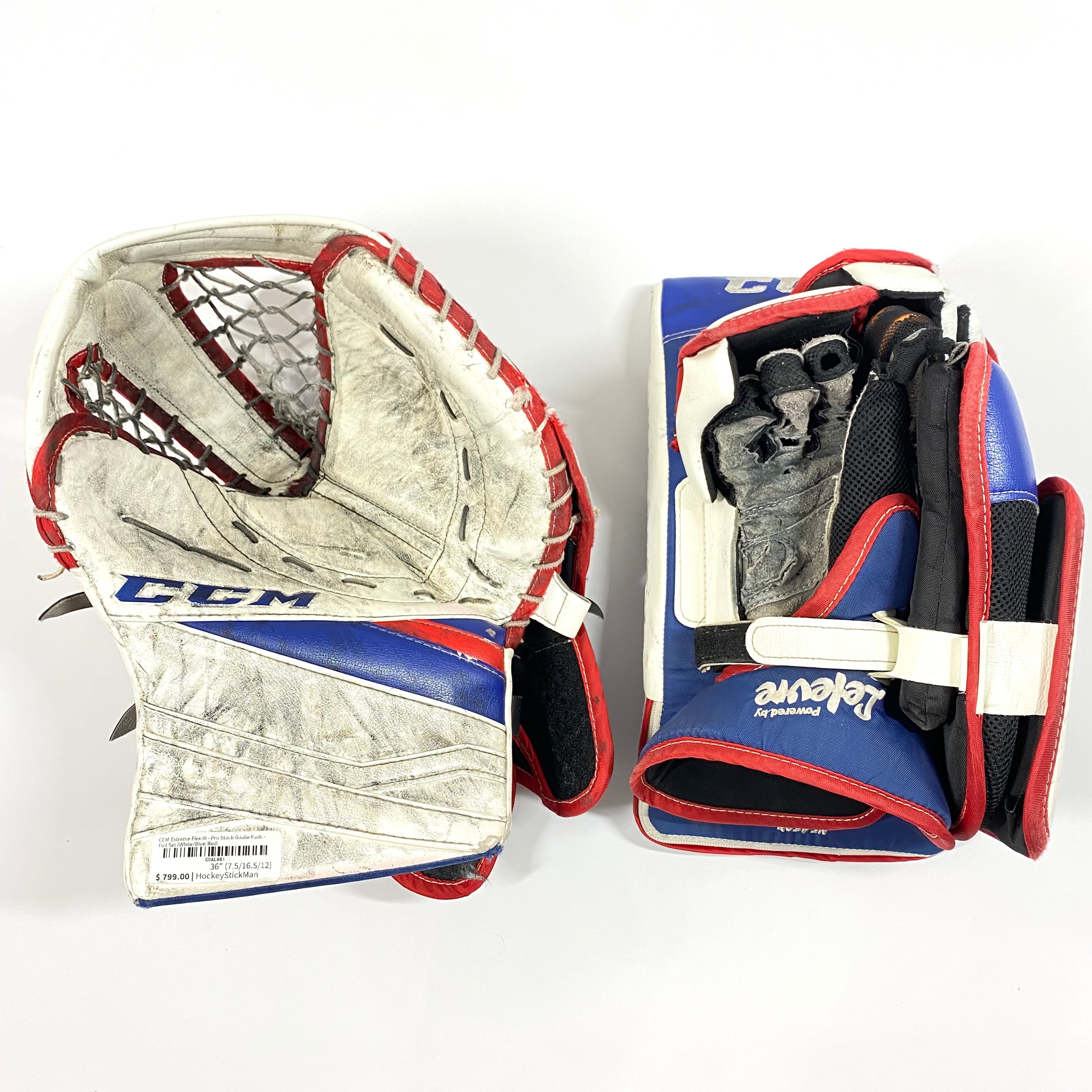 CCM Extreme Flex III - Used Pro Stock Goalie Pads - Full Set (White/Blue/Red)